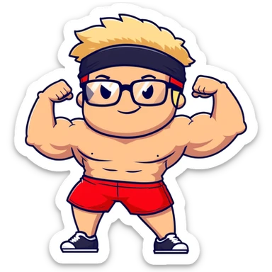 Regular man with black and white cap, bare torso, red shorts, clear glasses, messy light blond mullet hairstyle, smiling and flexing muscles sticker