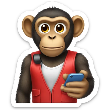 a monkey with a phone in a red vest sticker