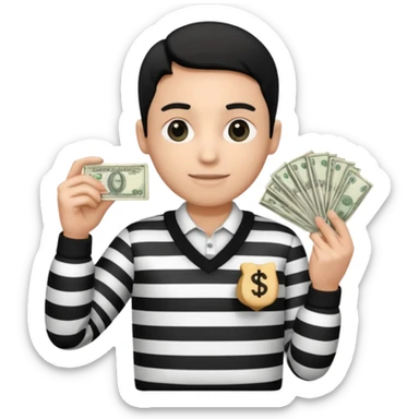 thief with black and white stripe clothes, holding money pack sticker