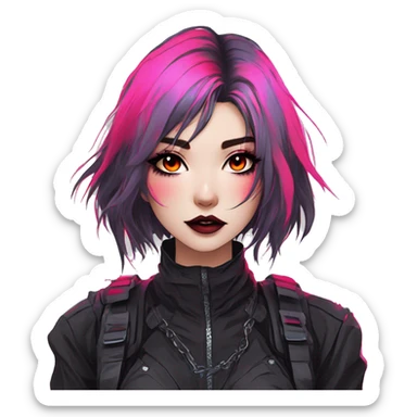 Gorgeous bright colorful neon gothic techwear anime style lady with blushing face aesthetic and pretty edgy black red punk messy hair with collar and harness trending style sticker