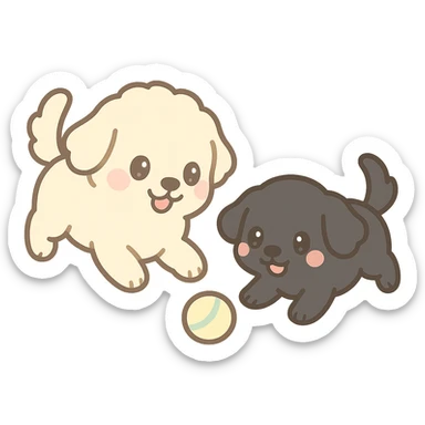 large light cream colored goldendoodle and small black golden retriever, chibi style, chasing a ball together sticker