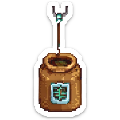 8-bit pixel art emoji, IV bag filled with brown coffee connected to arm, medical parody, on-call humor sticker