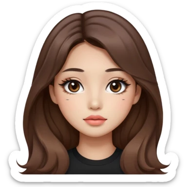 “korean straight brown hair Emoji girl, soft eyeliner and blush, gradient lips, light brown shimmer eyeshadow, long wavy hair,  sticker