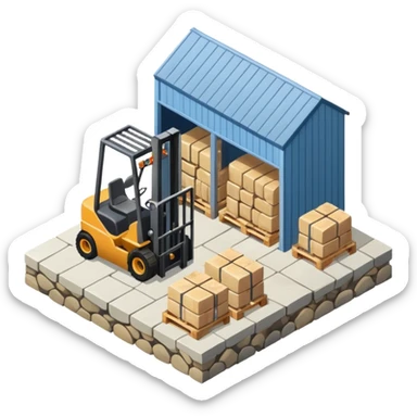 warehouse with forklifts ans stoneslabs isometric view from th outsideeslabs, forklifts, no vehicles no robots sticker
