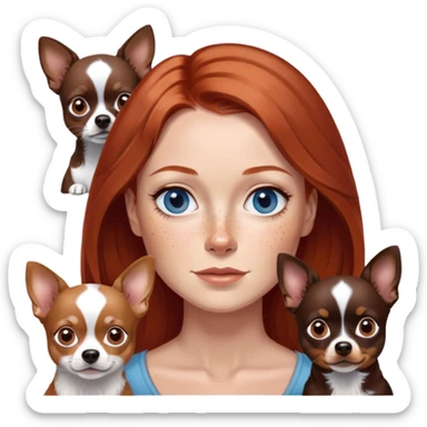 Woman with red, shoulder-length hair, gray-blue eyes, and freckles
4 Chihuahuas: one chocolate tan, one chocolate merle, one black and white, in brown and black sticker