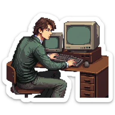 Young man sitting at desk with vintage desktop computer with large CRT monitor sticker