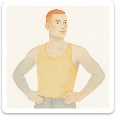 red-haired man with a buzz cut, yellow tank top, confident stance, minimal background sticker