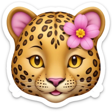 A cutE leopard face with EYES CLOSED and a peaceful smile. A pink flower with a yellow center is tucked behind its right ear sticker