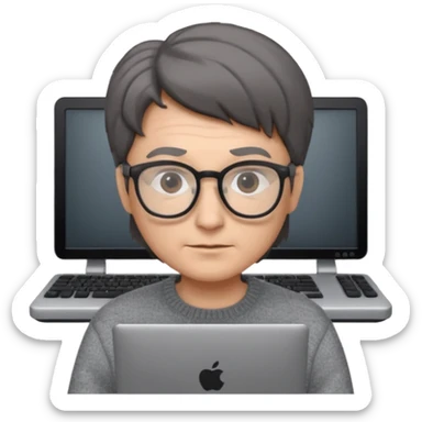 Profesor de pelo gris marrón oscuro con gafas un  jersey gris y un ordenador los óleos son marrones con poca cantidad de pelo sticker