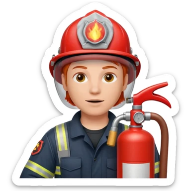 red haired Firefighter with respiratory protection with fire extinguisher sticker