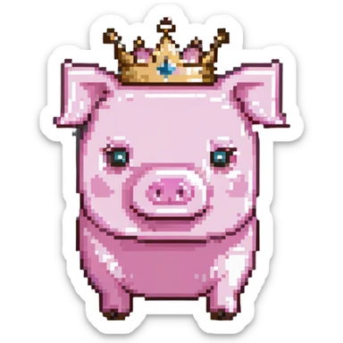 Minecraft pig full body pink blocky animal with square head wearing a crown sticker