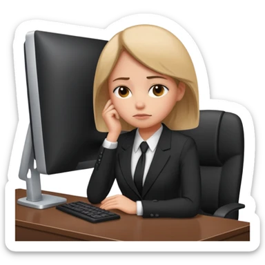 female office worker sad face on computer interview sticker