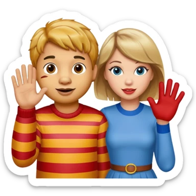 Daniel Tiger and Taylor Swift together, waving, colorful and playful 2D emoji style sticker