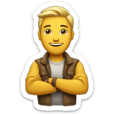 Proud, yellow skin tone emoji, man with his arms crossed, smile on his face, and a swag sticker