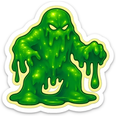Slime monster. green slime. scary sinister. slime attacks. show full body. more dripping slime. talk humanoid slime creature. sinsiter and scary...green slime. has 2 arms and a vague head sticker
