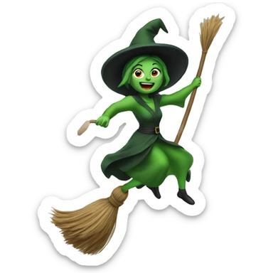 Green mad witch flying on a broom sticker