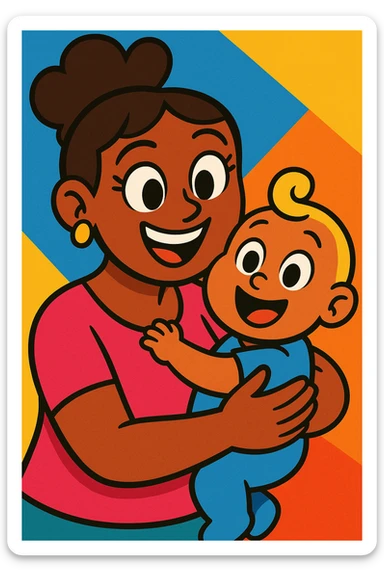 madre y bebé sonriendo juntos, estilo cartoon colorido, vibrante, alegre, expresiones felices sticker