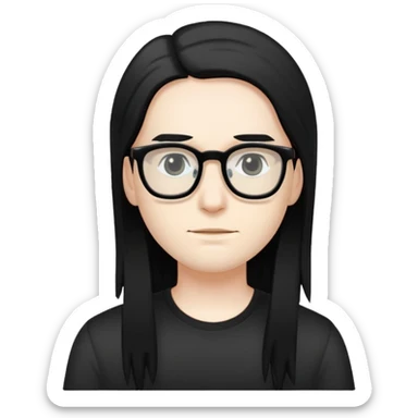 Pale white skin, long black hair, black eyes, wearing a black shirt, wearing glasses sticker