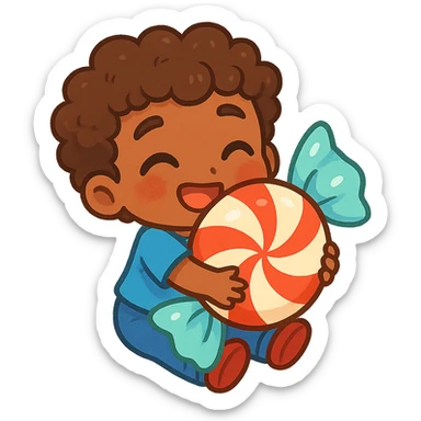 brown male chibi with curly hair, holding a large peppermint candy, smiling, vibrant colors sticker
