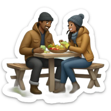 a couple having picnic in winter clothes sticker