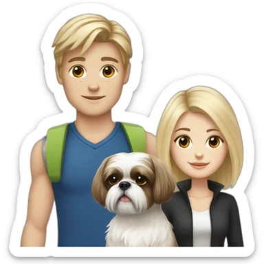 a blonde white girl with a dark haired boy and one dog shih tzu sticker