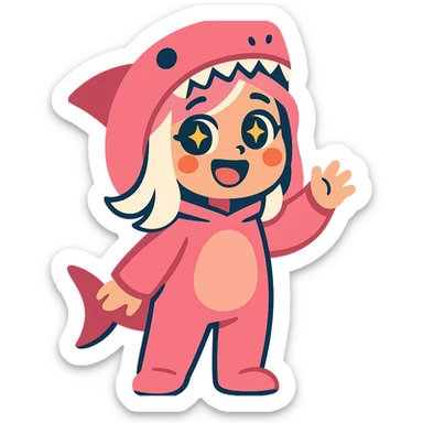 cute cartoon girl with white hair in a pink shark onesie, eyes sparkling with happiness sticker