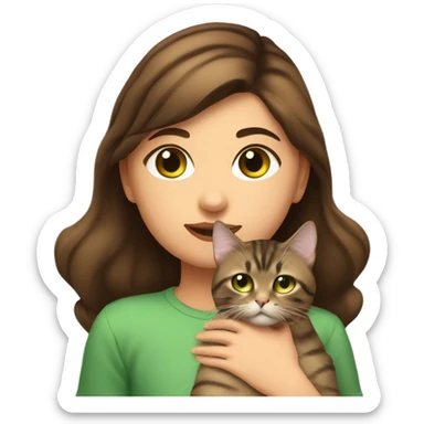 One girl with dark brown hair and hazel eyes kissing a brown tabby cat with green eyes on its head sticker