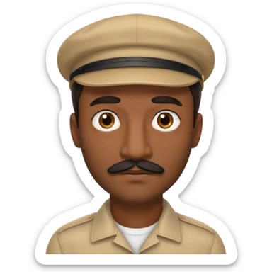 A dark-skinned man with a beige cap, brown eyes, and a thin black mustache. sticker