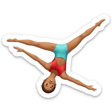 A skilled acrobat mid-air, executing a breathtaking flip with perfect control. The pose radiates strength, balance, and agility. The background suggests a dynamic performance space, with stage lights or a competition arena, emphasizing motion, precision, and teamwork. sticker