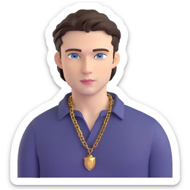 handsome male with intense blue-grey eyes, chiseled features, pale skin, confident smirk, dark brown styled hair, baddie energy, gold chain, stylish fitted shirt sticker