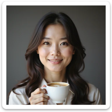 photorealistic upper-body portrait of a sophisticated Korean woman, age 25-35, elegant and refined, modern upscale vibe, values premium ingredients and quality, enjoys professional home café experience, perfect harmony of coffee and dessert, neutral background sticker
