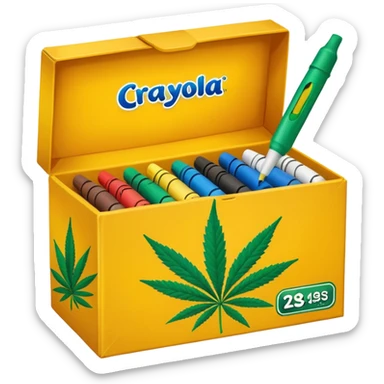 a box of crayola permanent markers with cannabis leaf sticker