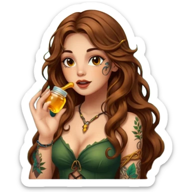 woman with long wavy brown hair, tattoos, forest mystic outfit, licking glowing honey from fingertip, flirty eyes sticker