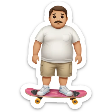 Full body chubby Mexican man with a skateboard in shorts and a white tshirt sticker