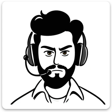 Serious face of a man with black hair, brown eyes, black beard, wearing a gaming headset sticker