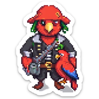 a pirate captain with a red parrot, pixel art style sticker