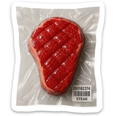 diamond-textured meat steak, shiny and inflated, vacuum-sealed style sticker