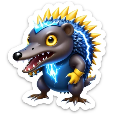 a fantastical dangerous and spooky electric platypus merged with a hedgehog with sharp teeth, metal electric spikes, and strong fangs, electricity and lightning coming, menacing look, yellow and blue lightning bolts sticker