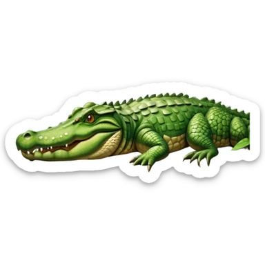 A large crocodile resting on a riverbank, part of its body in water, realistic scales and reflections, natural sunlight. sticker