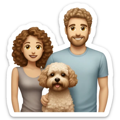 Family of  white man with brown hair with a curly brown hair girlfriend with a Maltipoo dog creamy colour  sticker