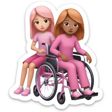 One peach skin sister pushing her light brown skin sister in a pink wheelchair sticker