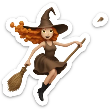 Ginger white witch in brown dress flying on broom sticker