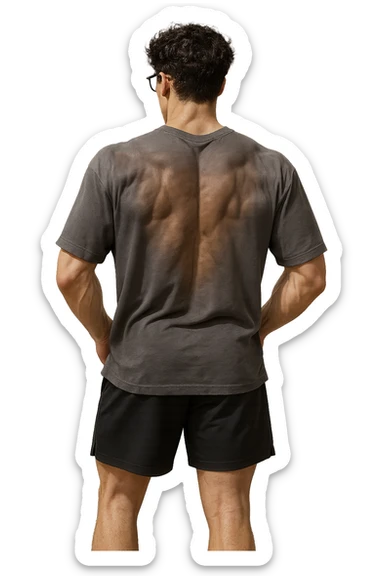 lascia questo ragazzo identico ma fallo in piedi di spalle con fasci muscolari della schiena contratti, senza macchinari, solo la sua figura, iperealistico 4k sticker