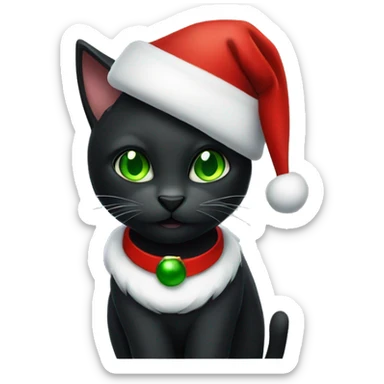 Black cat with green eyes wearing Santa hat sticker