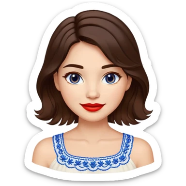 Enthusiastic woman with healthy glowing skin, round cheeks, warm smile, expressive light brown eyes, red lipstick, wavy dark brown shoulder-length hair, summery white top with blue embroidery and electric blue neckline sticker