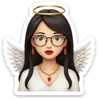 Angel girl with eyeglasses and Middle parted hair long dark hair with red lipstick  and push gold necklaces and dark eyes with withe wings sticker