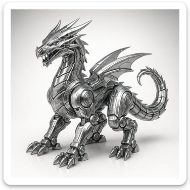 massive chrome-plated robotic dragon with articulated limbs, mechanical tail, powerful pose, 1:1 aspect ratio sticker