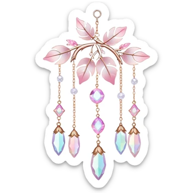 Hanging Iridescent pastel pink sakura crystals white-pearly suncatcher with bells and feathers sticker