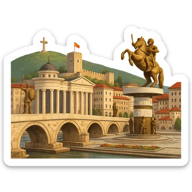 cinematic, realistic emoji of Skopje, wide city view with iconic landmarks Stone Bridge, Skopje Fortress (Kale), Millennium Cross, Macedonia Square statues, lifelike detail, accurate colors, bright daytime lighting, fully transparent background, no sky, no clouds sticker