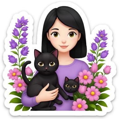 A black-haired girl happily holds a black cat in the flowers sticker